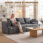 Canapé 3 places en chenille 248 cm, canapé salon moderne, large assise rembourrée, coussins à ressorts, gris