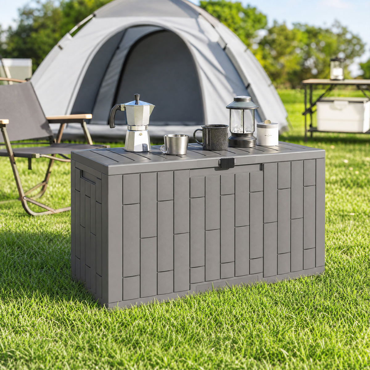 227 L Lockable Outdoor Storage Box with Gas Spring, Wood Look, 106.5x43x54.5cm, Gray