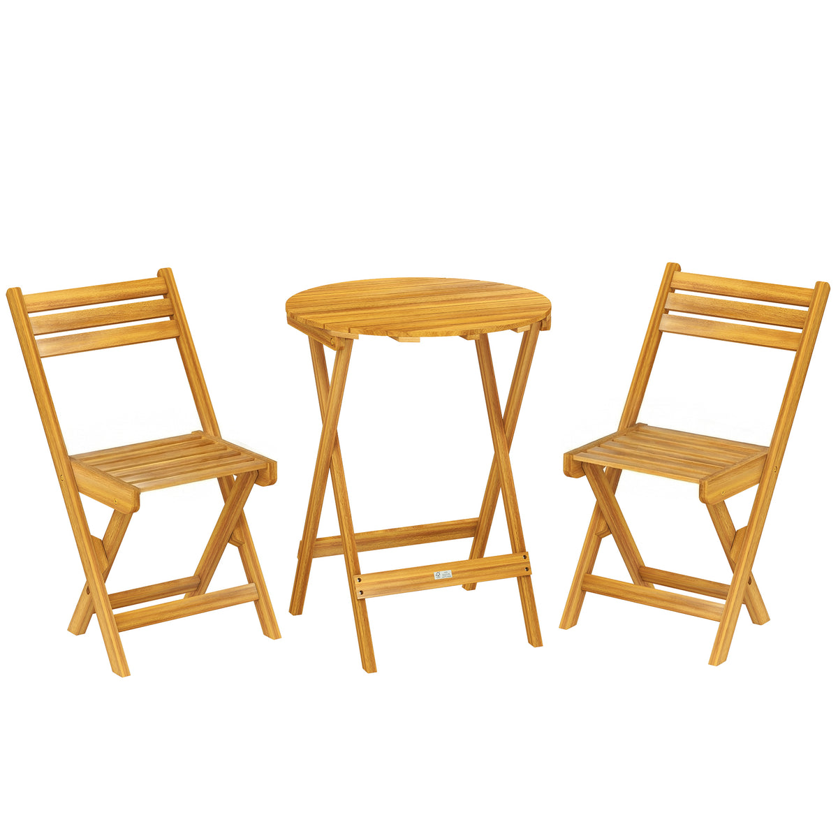 Set de bistró plegable de 3 piezas de madera de acacia con mesa redonda y 2 sillas, sin montaje, 60x60x75 cm, natural