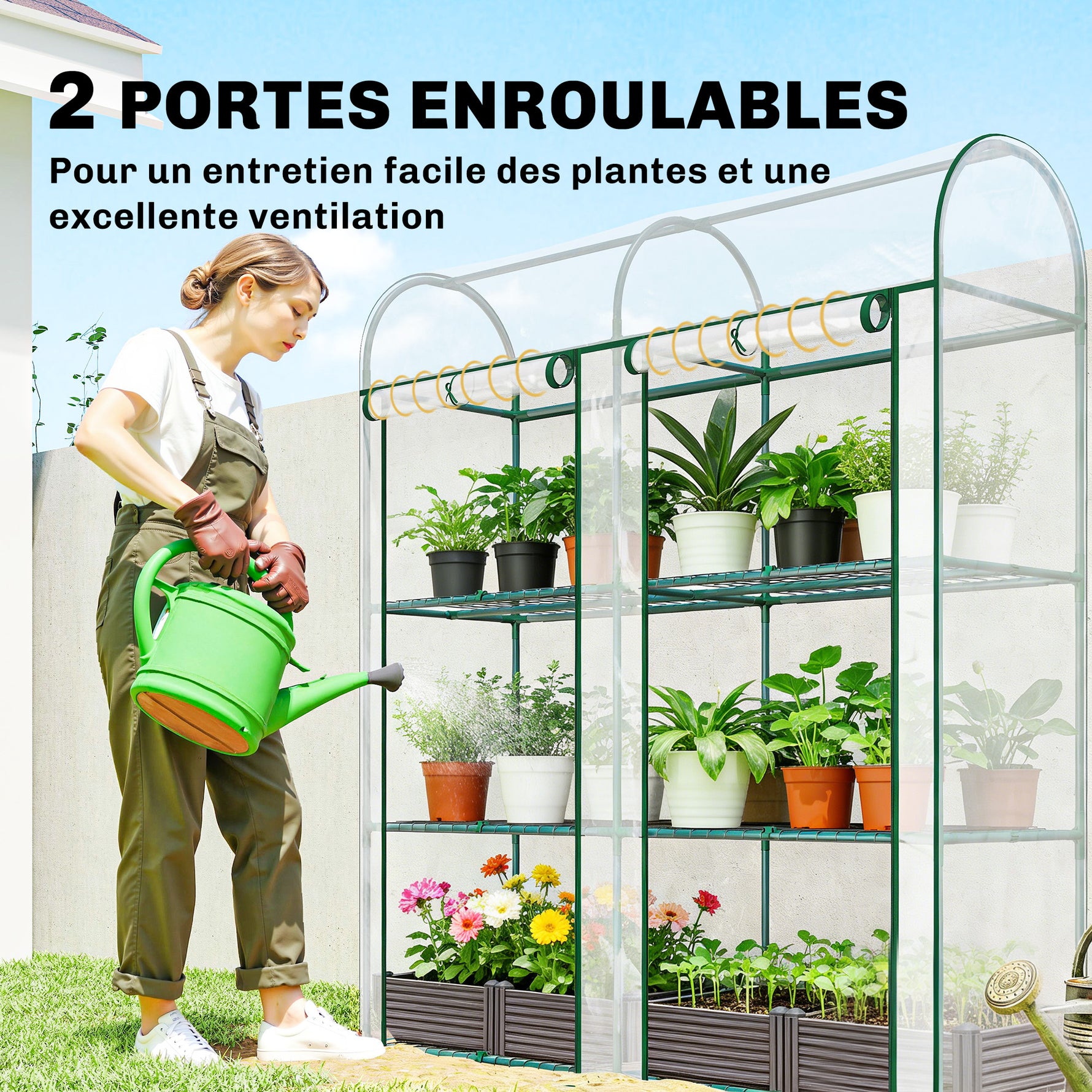 Serre de Jardin avec étagères 3 niveaux, Petite Serre en Bâche PVC et Châssis Acier, 2 Portes Roulantes, Transparent