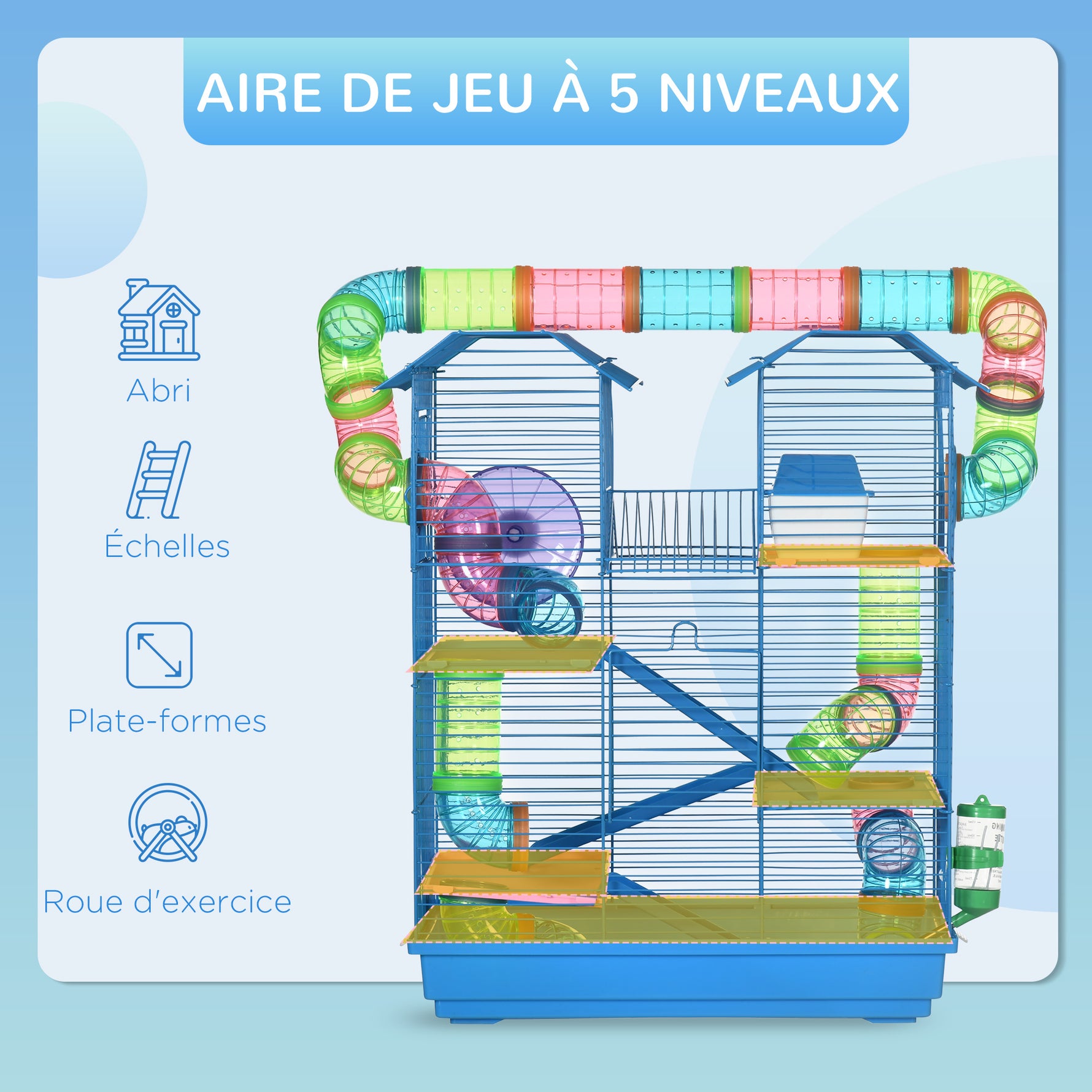 Cage pour Hamster Souris Petit Animaux Rongeur avec Tunnel Mangeoire Roue Jouet 47 x 30 x 59 cm Bleu