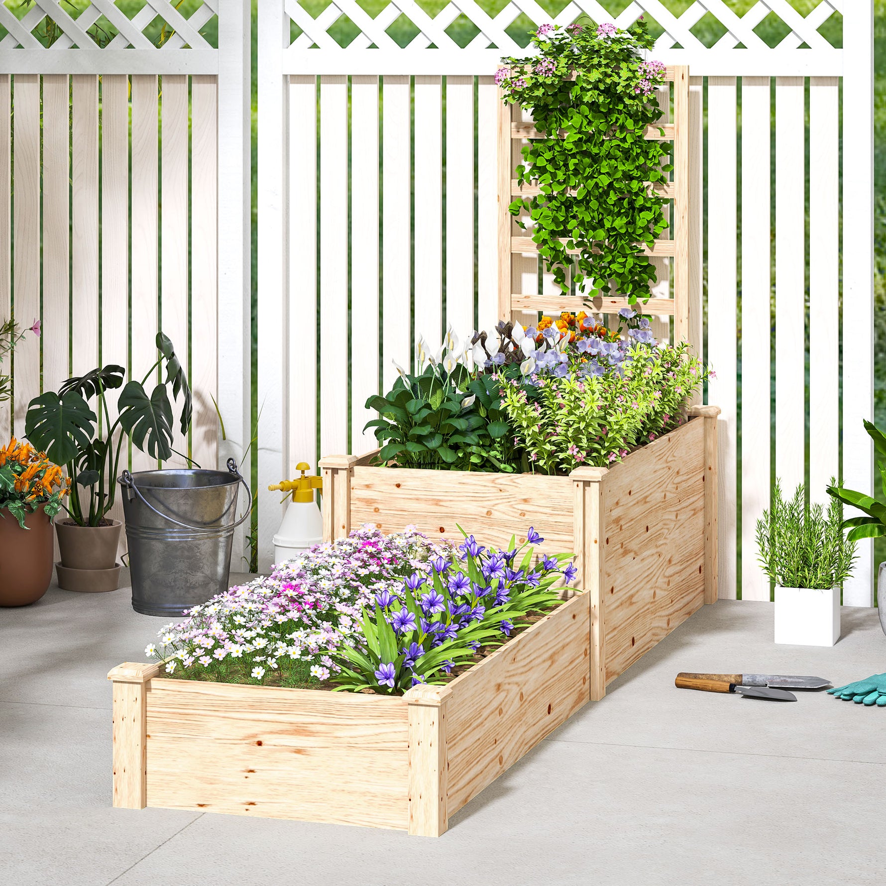 Jardinière avec treillis à 2 bacs avec fond ouvert, pour balcon terrasse patio, 222 x 63 x 132 cm, effet bois naturel