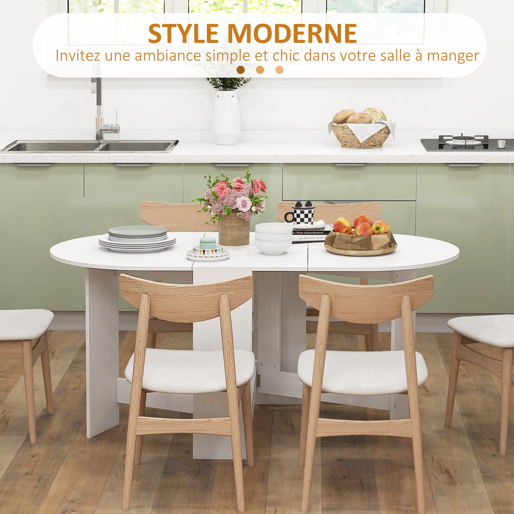Table à manger pliante, table pliante cuisine ovale jusqu'à 6 personnes, pour petits espaces, salle à manger, blanc-3