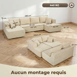 Canapé Modulaire en U Compressé 337 cm, Canapé Convertible 4 places en Velours Côtelé, Assise Large, Crème
