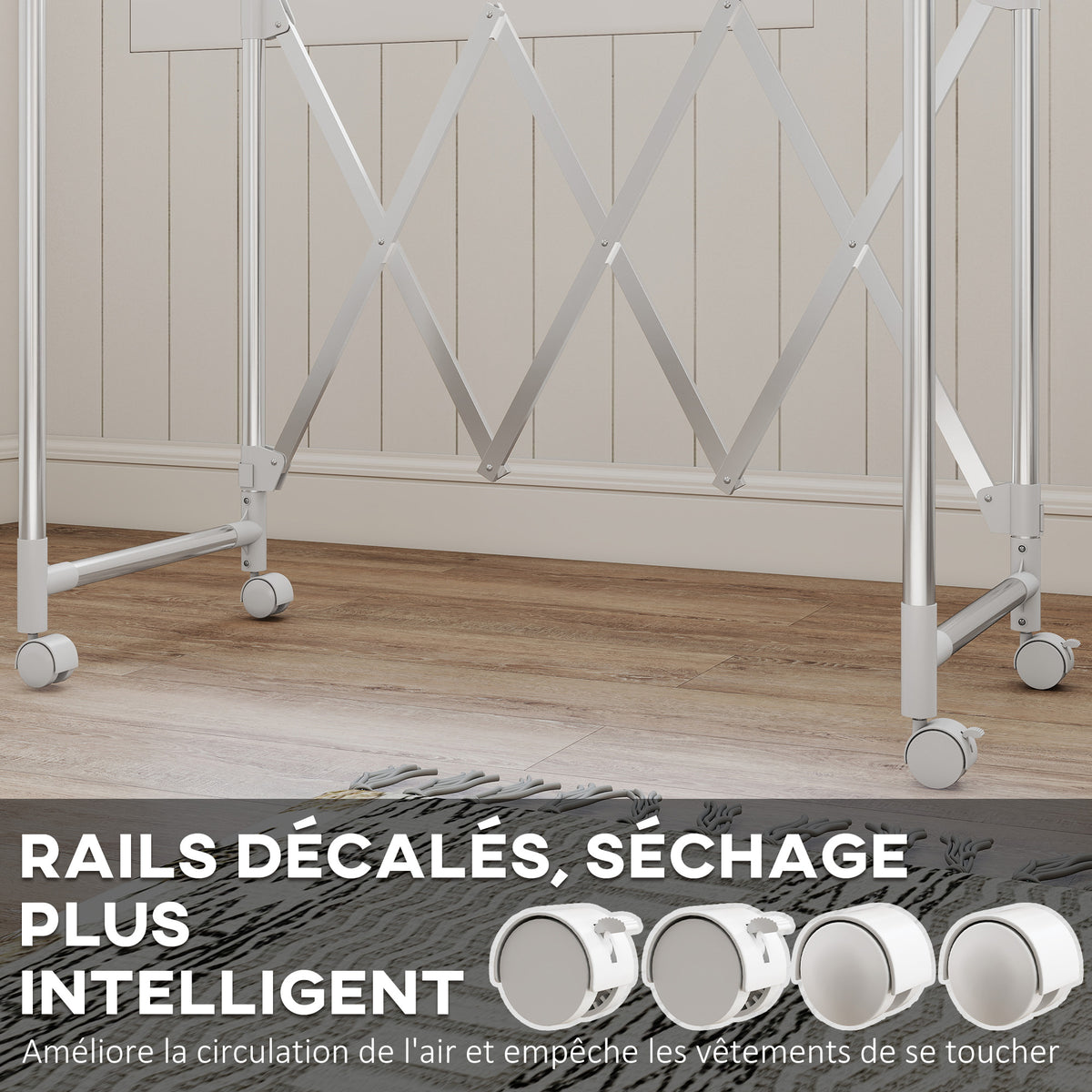 Séchoir à linge pliable étendoir linge intérieur à 3 barres réglables et 4 roulettes 104-150 x 103 x 145-197 cm argent