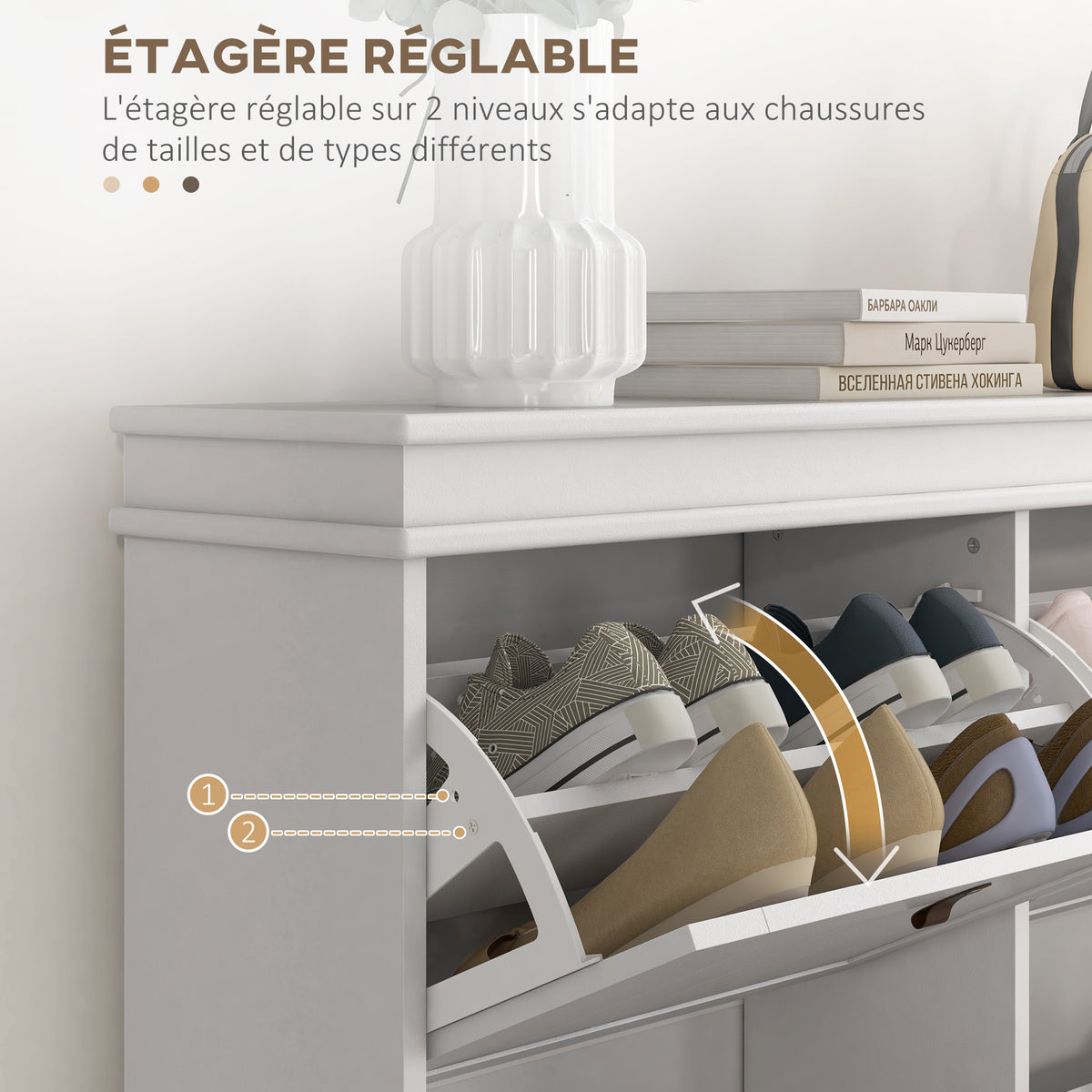 Meuble à chaussures 20 paires, armoire à chaussures, 4 tiroirs rabattables, étagères réglables, 105x24x82,5cm, blanc