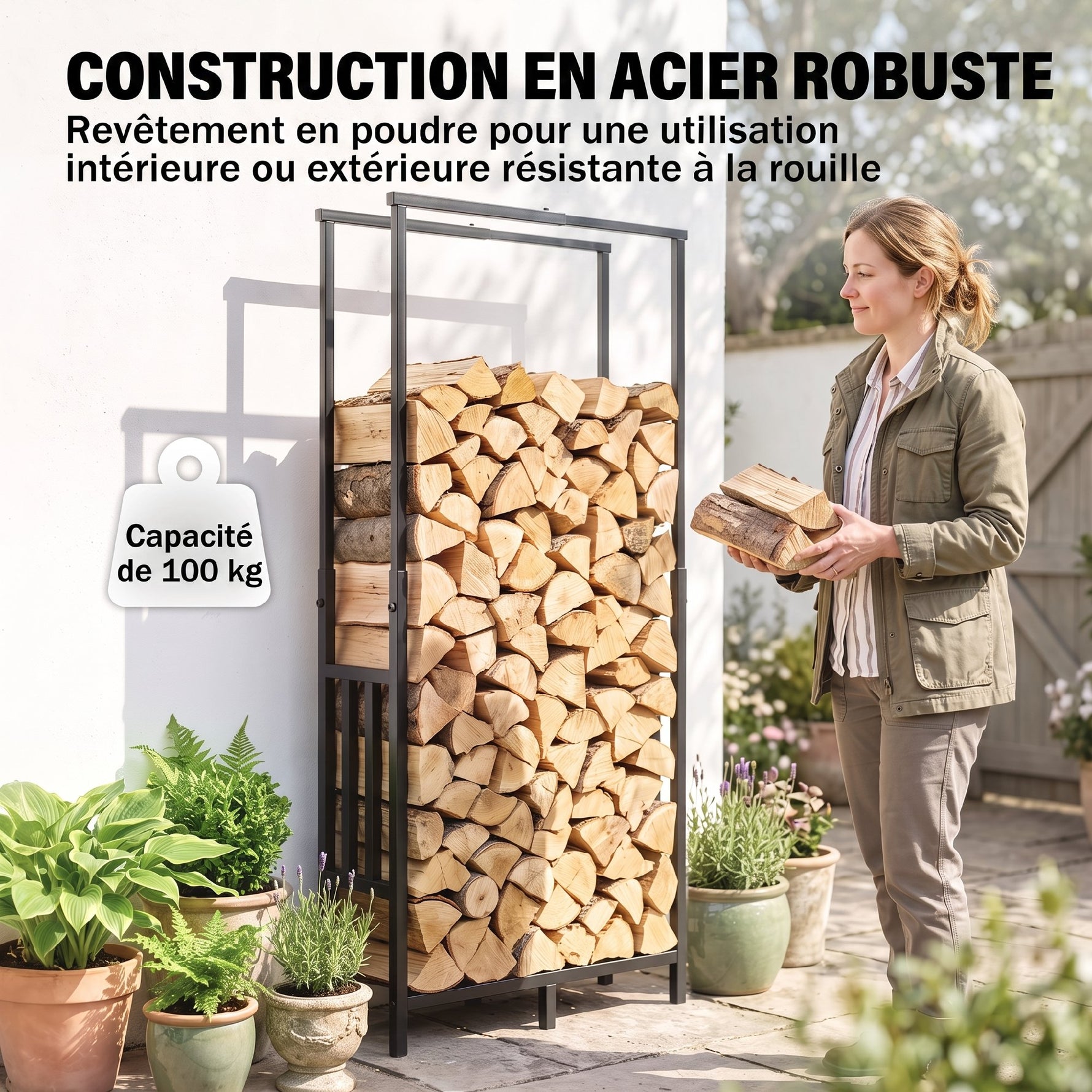 Range Bûches en Acier, Largeur & Hauteur Réglables, Étagère pour Bois de Cheminée, Charge 100 kg, 75,5x25x170cm, Noir