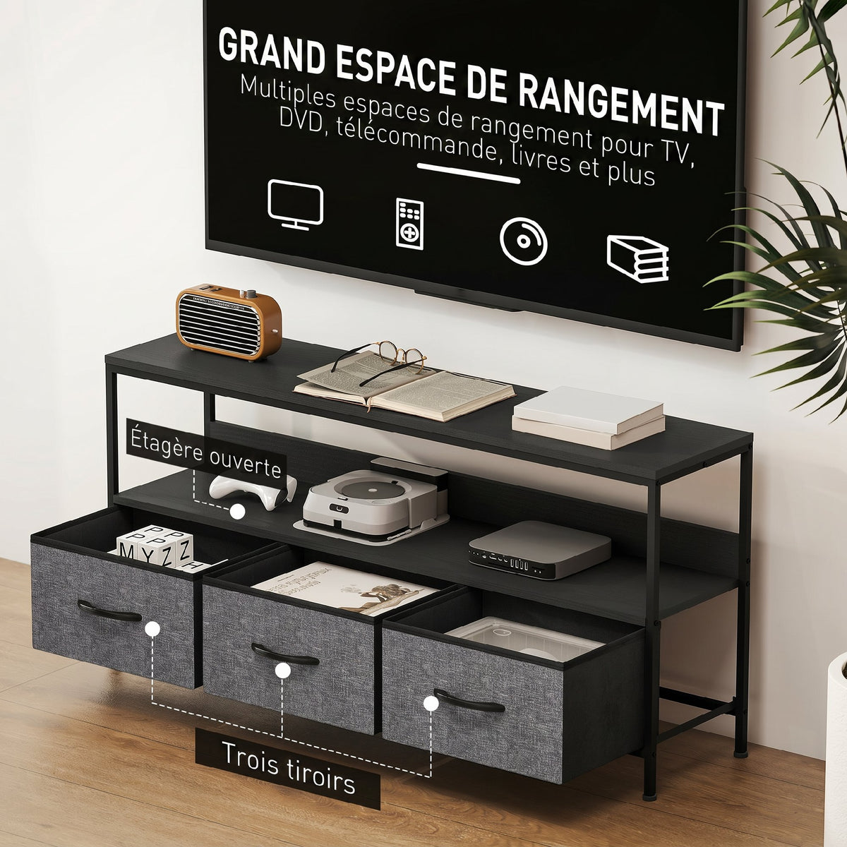 Meuble TV, meuble télé pour téléviseur jusqu'à 55 pouces avec 3 tiroirs et pieds en acier 120 x 29 x 56 cm noir