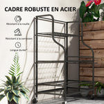 Organiseur d'outils de jardin, support à outils de jardin 54 emplacements 5 crochets en acier sur roues 3 niveaux noir