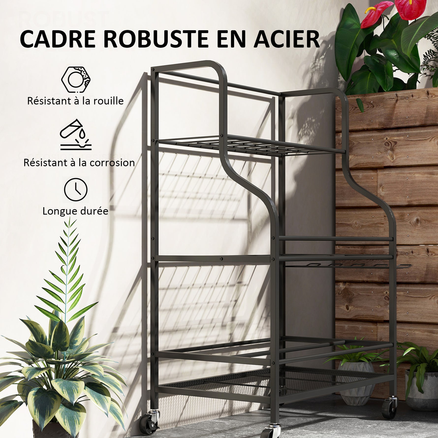 Organiseur d'outils de jardin, support à outils de jardin 54 emplacements 5 crochets en acier sur roues 3 niveaux noir
