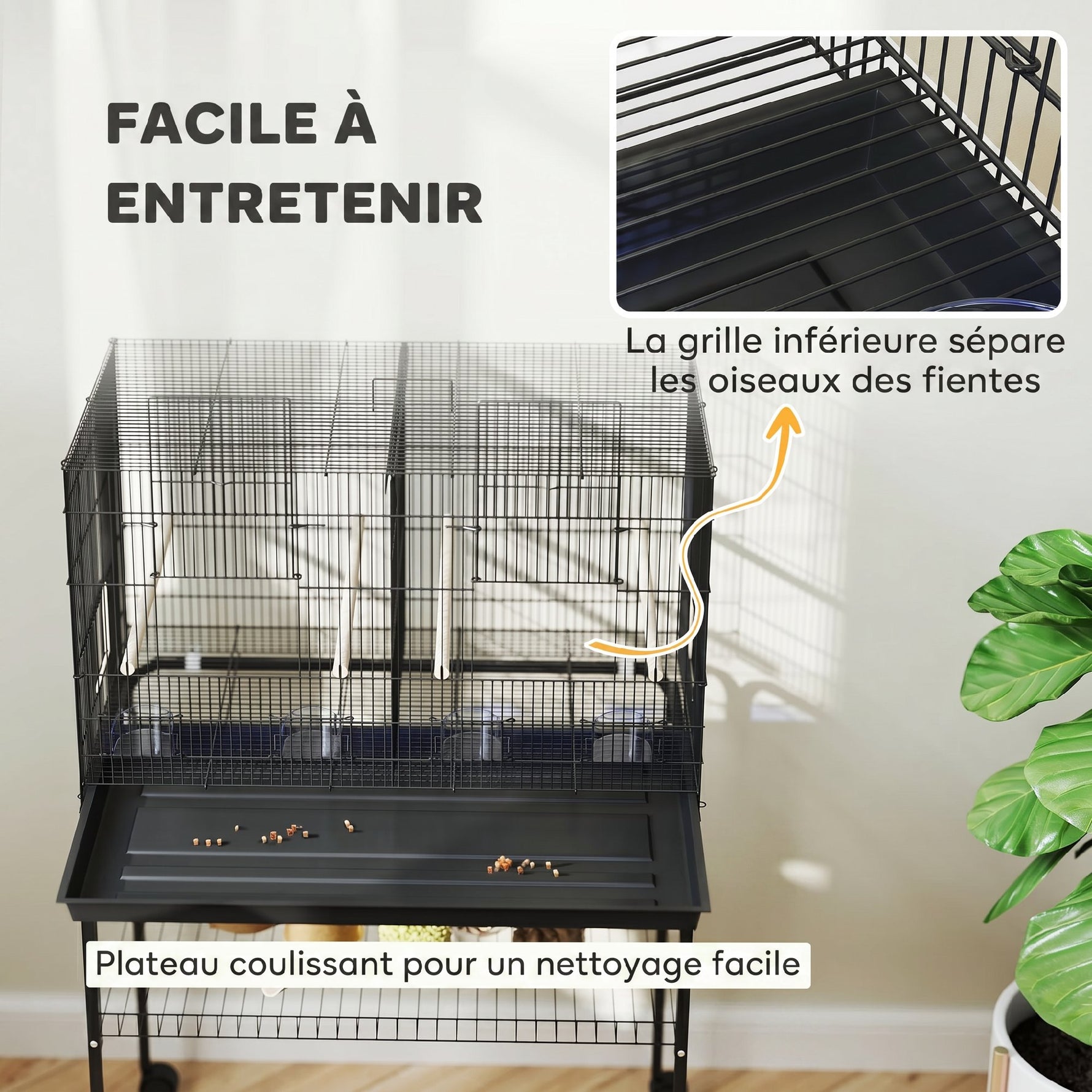Cage à Oiseaux Volière Intérieur Acier avec Séparateur, 4 Perchoirs, Plateau Coulissant, 4 Mangeoires, 76x46x116cm, Noir