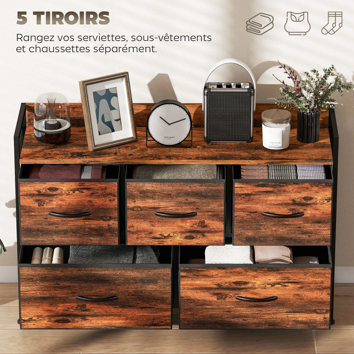 Cómoda, mueble de almacenaje con 5 cajones de tela plegables, tablero y estructura de acero, 98 x 29 x 63 cm, marrón rústico