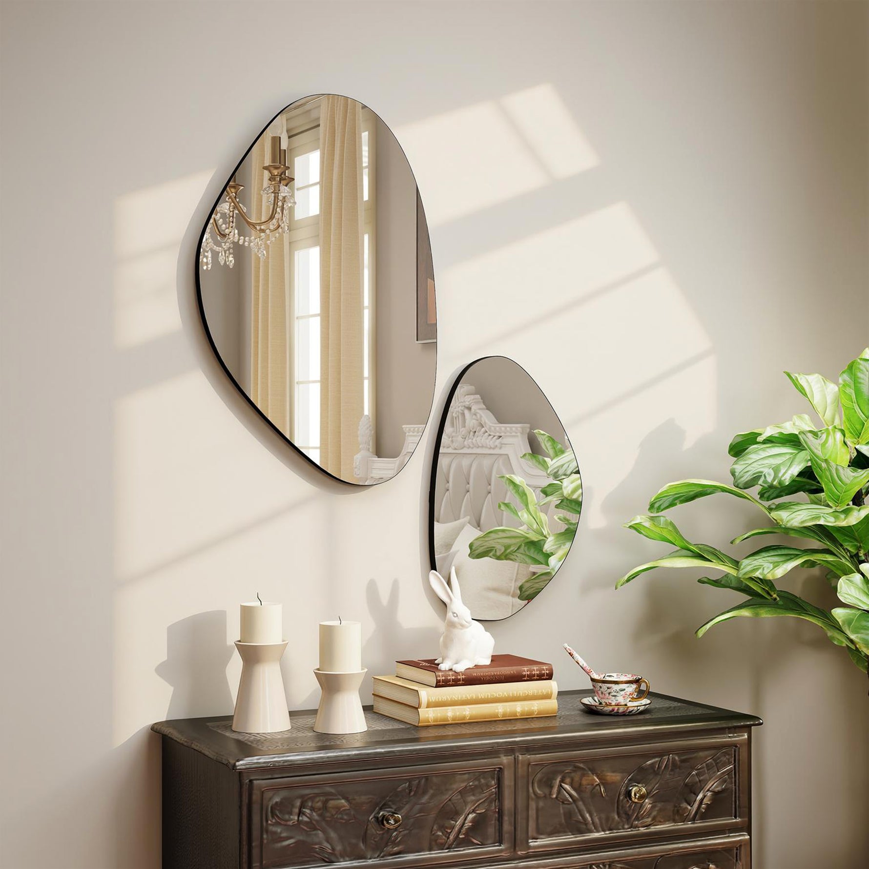Lot de 2 miroirs muraux, miroirs décoratifs irréguliers en forme de galet, cadre en métal, 70 x 46 cm/49,5 x 31 cm, noir