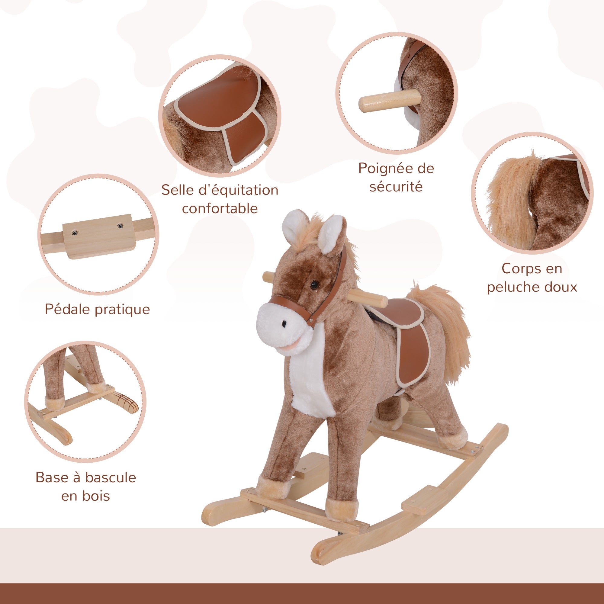 Cheval à Bascule Cheval de Cowboy Selle Grand Confort pour Enfants de 36+Mois Peluche Courte Douce Bois peuplier Charge 40 Kg Marron