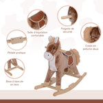 Cheval à Bascule Cheval de Cowboy Selle Grand Confort pour Enfants de 36+Mois Peluche Courte Douce Bois peuplier Charge 40 Kg Marron