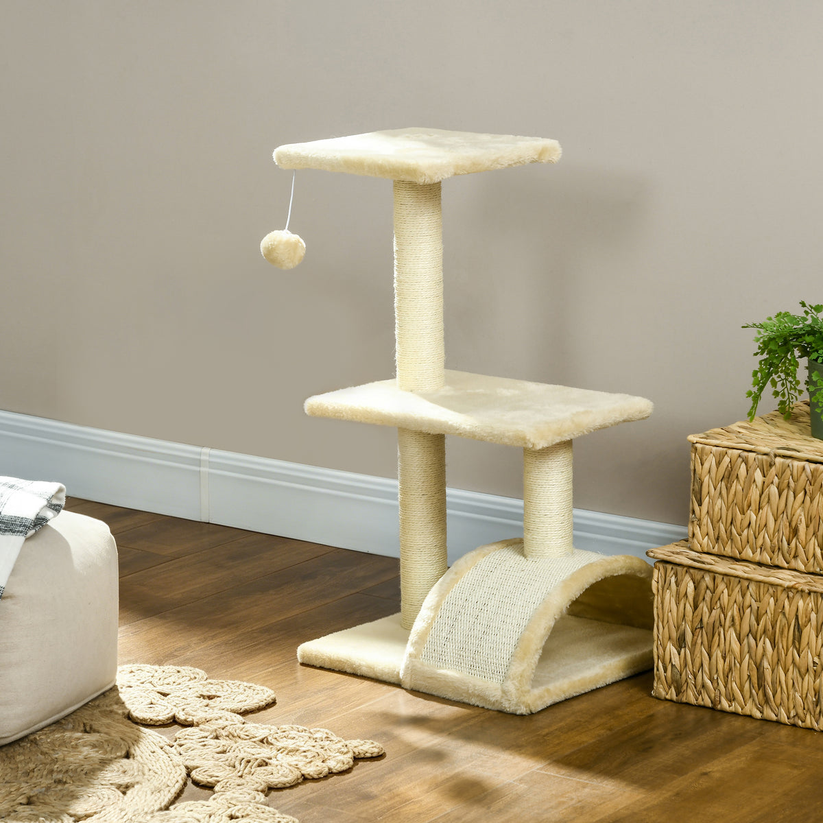 Arbre à chat arbre à grimper griffoir pour chat hauteur 72 cm balle suspendue crème