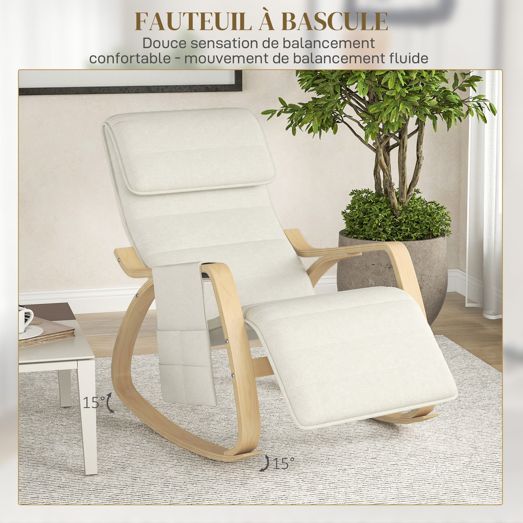 Fauteuil relax à bascule fauteuil allaitement avec repose-pieds réglable, poche latérale et appui-tête, blanc crème