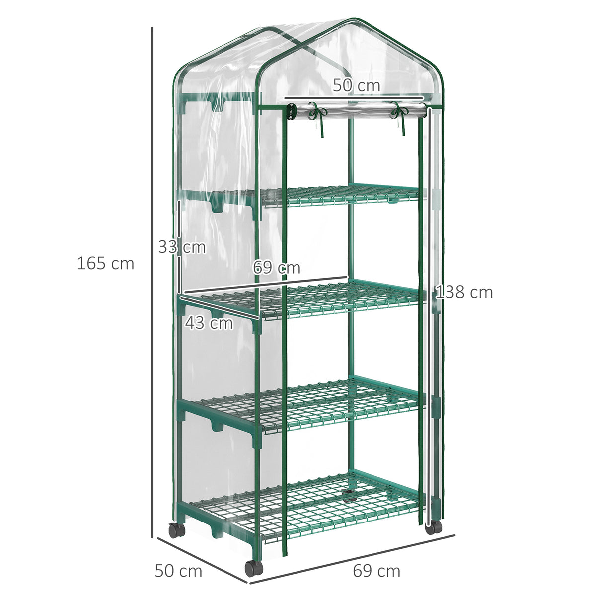 Serre de jardin avec étagères 4 niveaux, serre de balcon, bâche renforcée, châssis en acier, porte zippée, pour légumes plantes fleurs, intérieur et extérieur, 69 x 50 x 165 cm, transparent