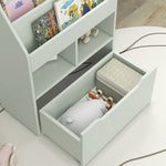 Bibliothèque étagère Multi-Rangement 3 étagères 2 niches Grand tiroir en bois Vert clair