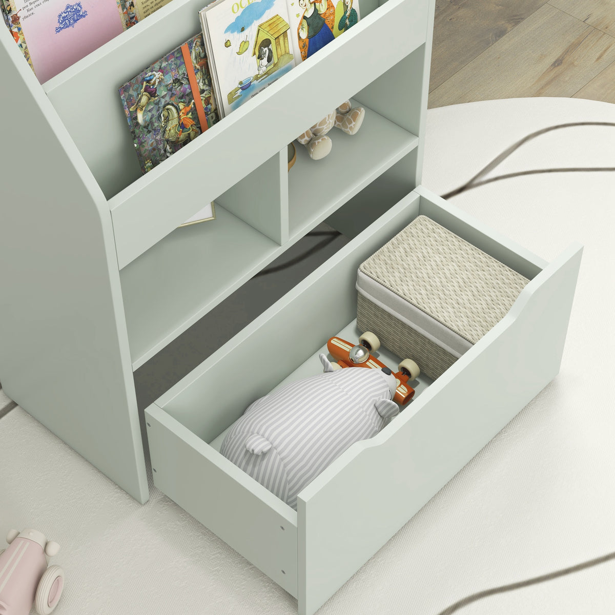 Bibliothèque étagère Multi-Rangement 3 étagères 2 niches Grand tiroir en bois Vert clair
