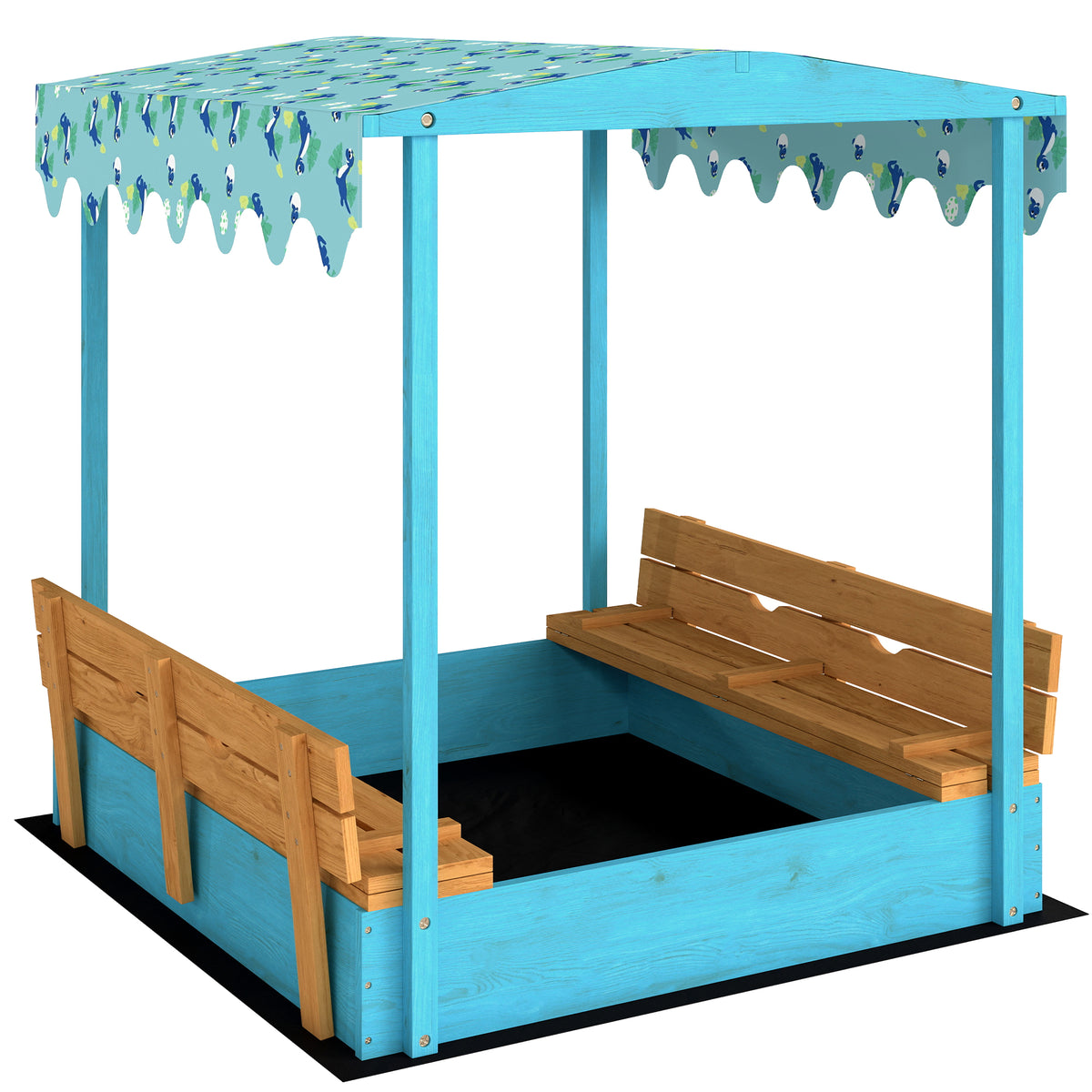 Sandkasten aus Holz mit Deckel, Outdoor-Sandkasten für Kinder mit klappbaren Sitzen und bedruckter Plane mit blauen Flamingos