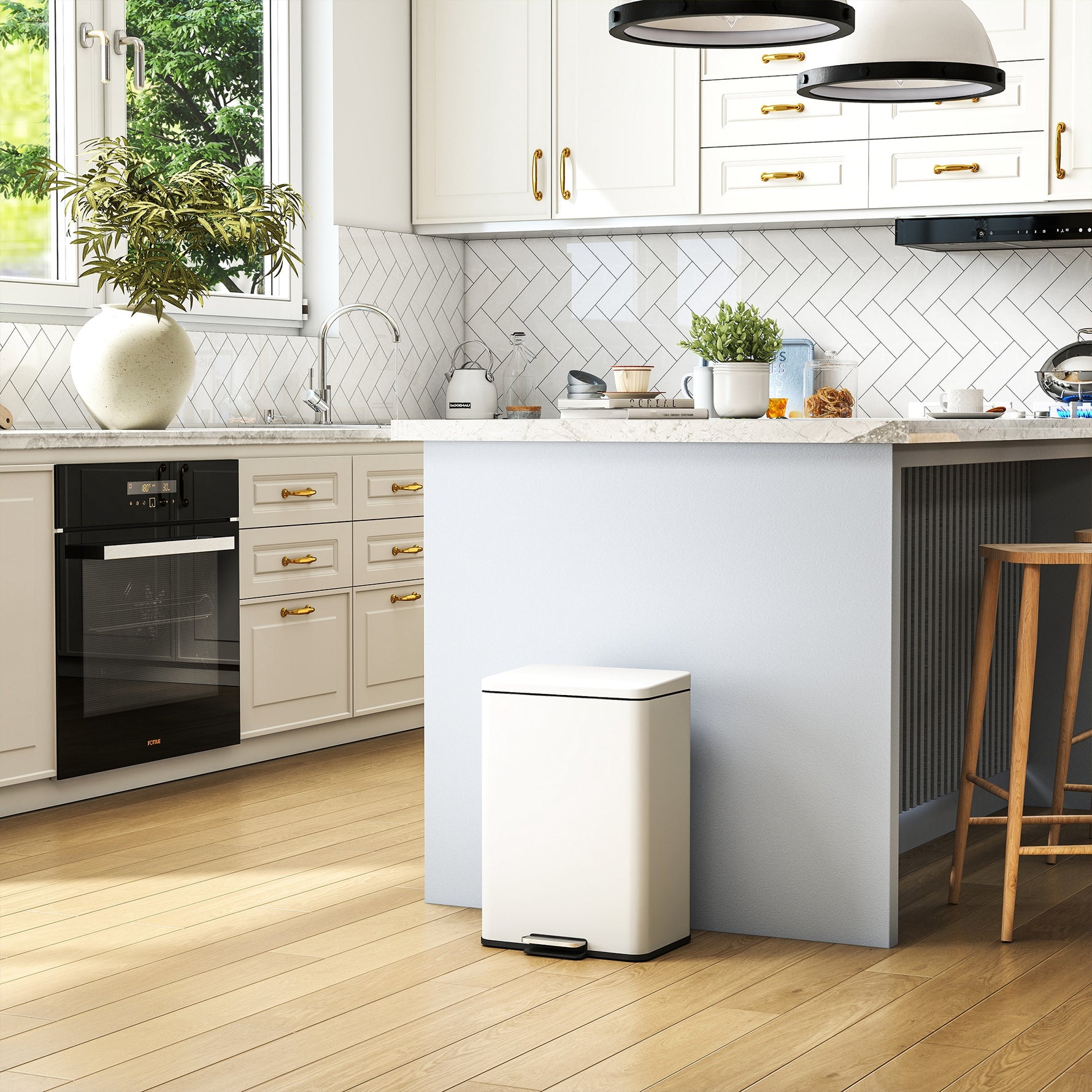 Poubelle de Cuisine 20 L en Métal, Poubelle avec Pédale, Couvercle à Fermeture Douce, Crème
