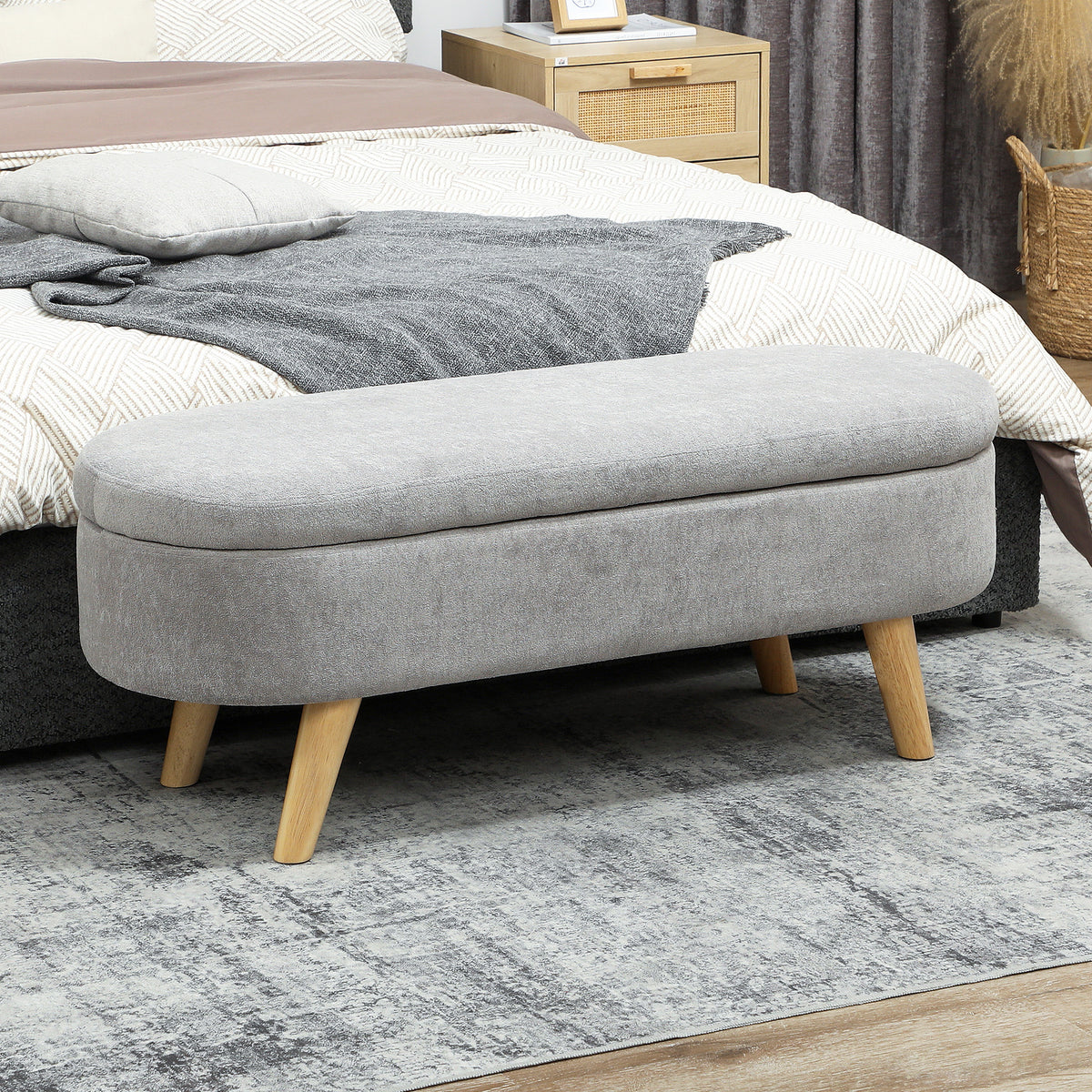 Banc banquette bout de lit coffre de rangement 2 en 1 en tissu avec pieds en bois 110l x 40P x 43H cm gris clair
