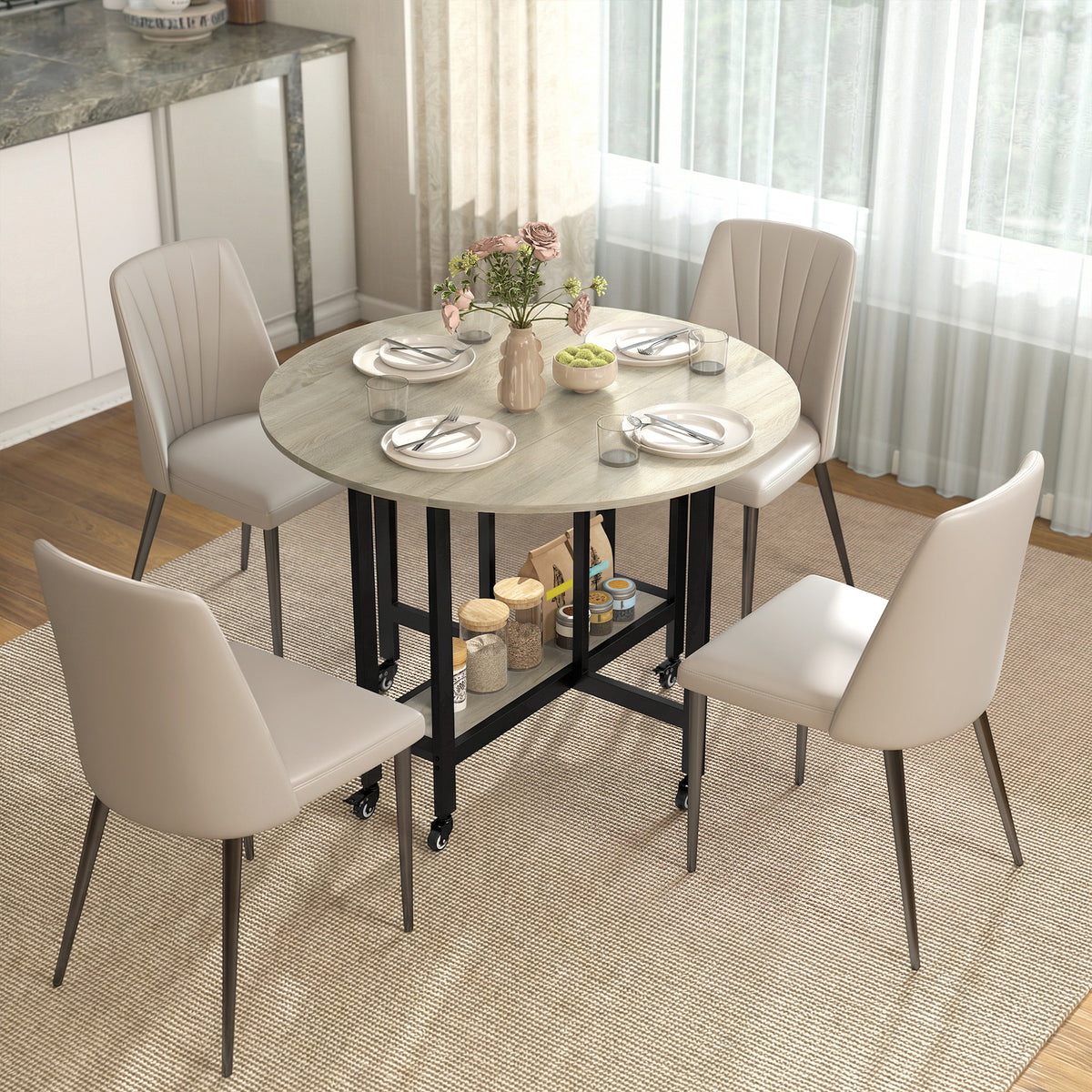 Table à Manger Pliante sur Roulettes, Table de Cuisine pour 4 Personnes, Étagère Intégrée, 100 x 100 x 75 cm, Naturel