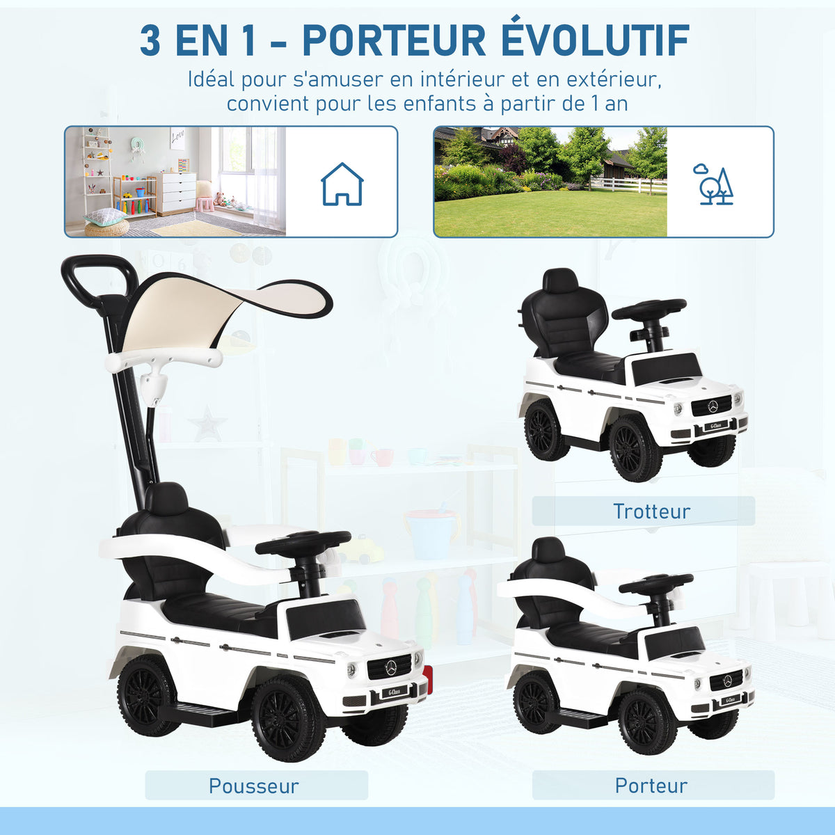 Porteur Enfants Voiture Enfant Multi-équipée 12-36 Mois klaxon Marche-Pieds, Garde-Corps et ombrelle Blanc