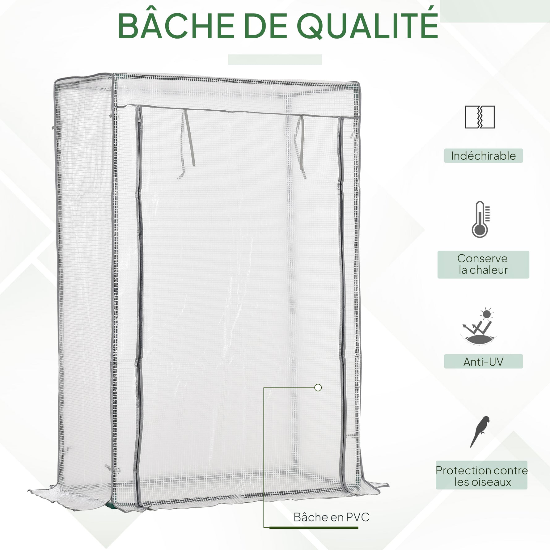 Serre de jardin, serre de balcon, bâche renforcée PE, châssis en acier, porte zippée enroulable, 100 x 50 x 150 cm blanc