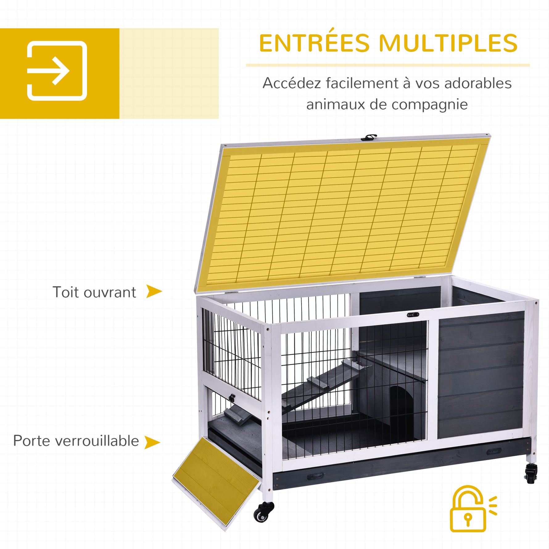 Clapier lapin intérieur, cage lapin avec toit ouvrant, roulettes, plateau amovible et rampe, cage en bois, 90 x 53 x 59 cm, gris foncé et blanc