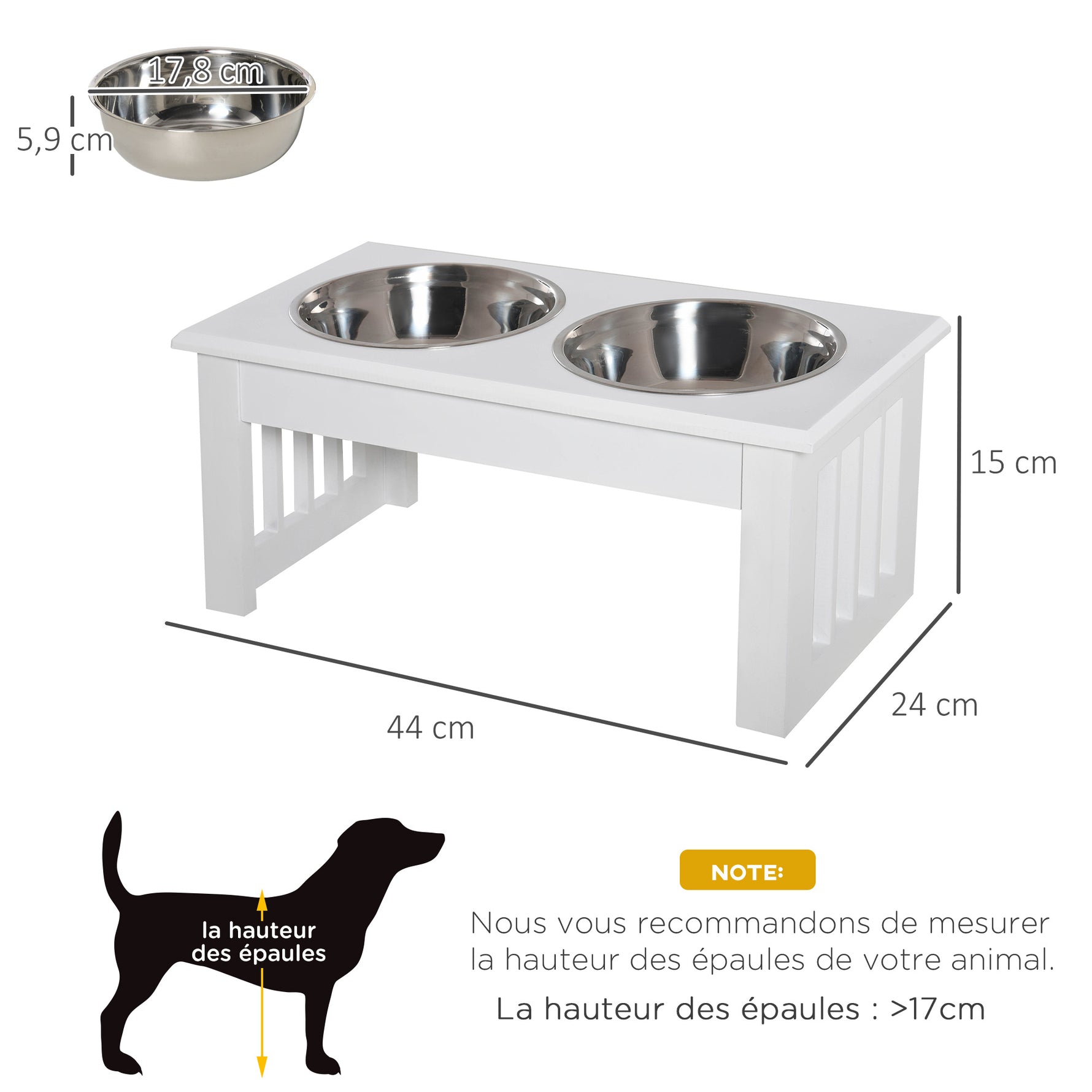 Gamelles chiens surélevées gamelle double chien chat Porte-gamelles surélevé dim. 44L x 24l x 15H cm 2 gamelles 0,9L acier inox. incluses bois blanc