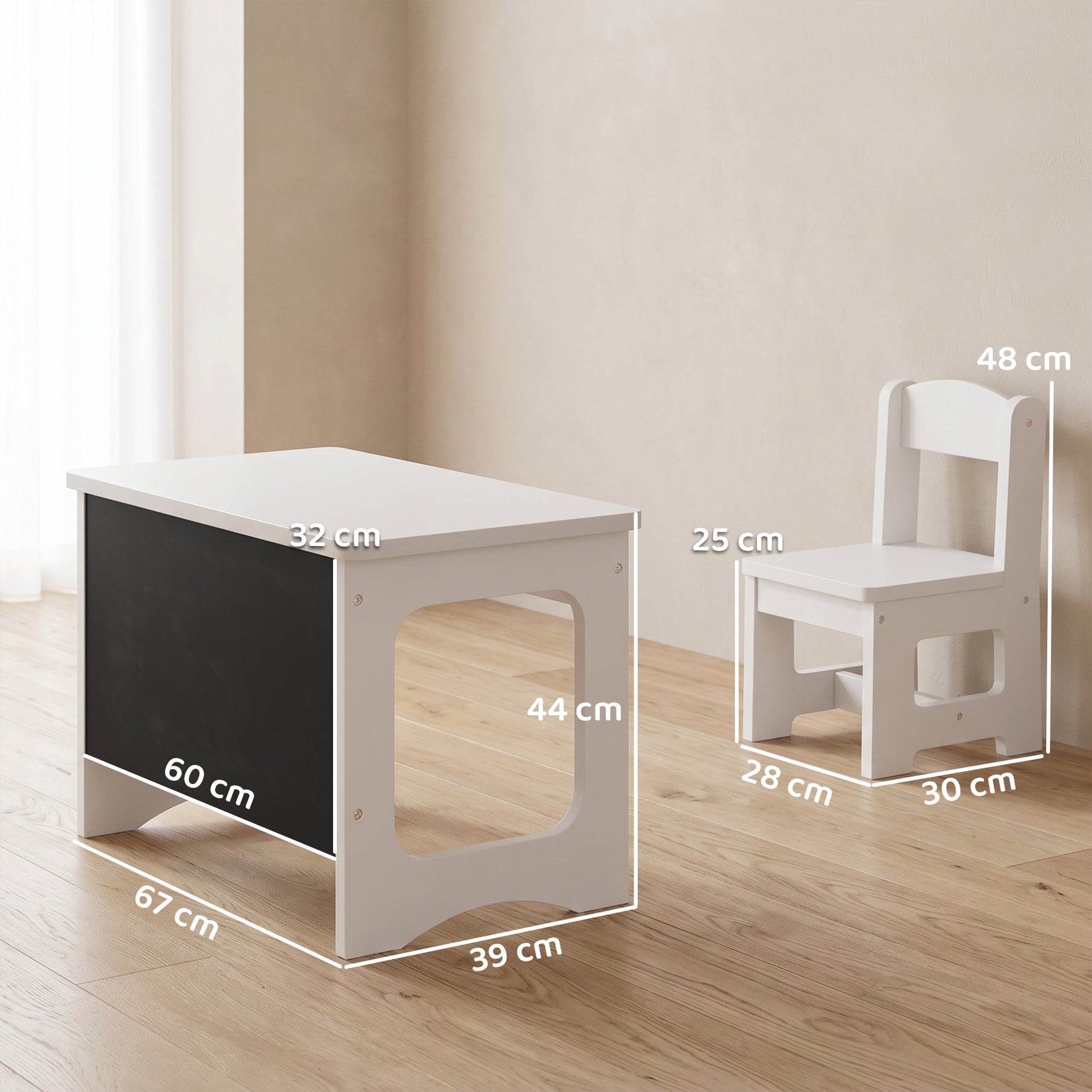 Bureau et Chaise pour Enfant avec Plateau Réversible Tableau Noir, 3 à 6 Ans, Blanc