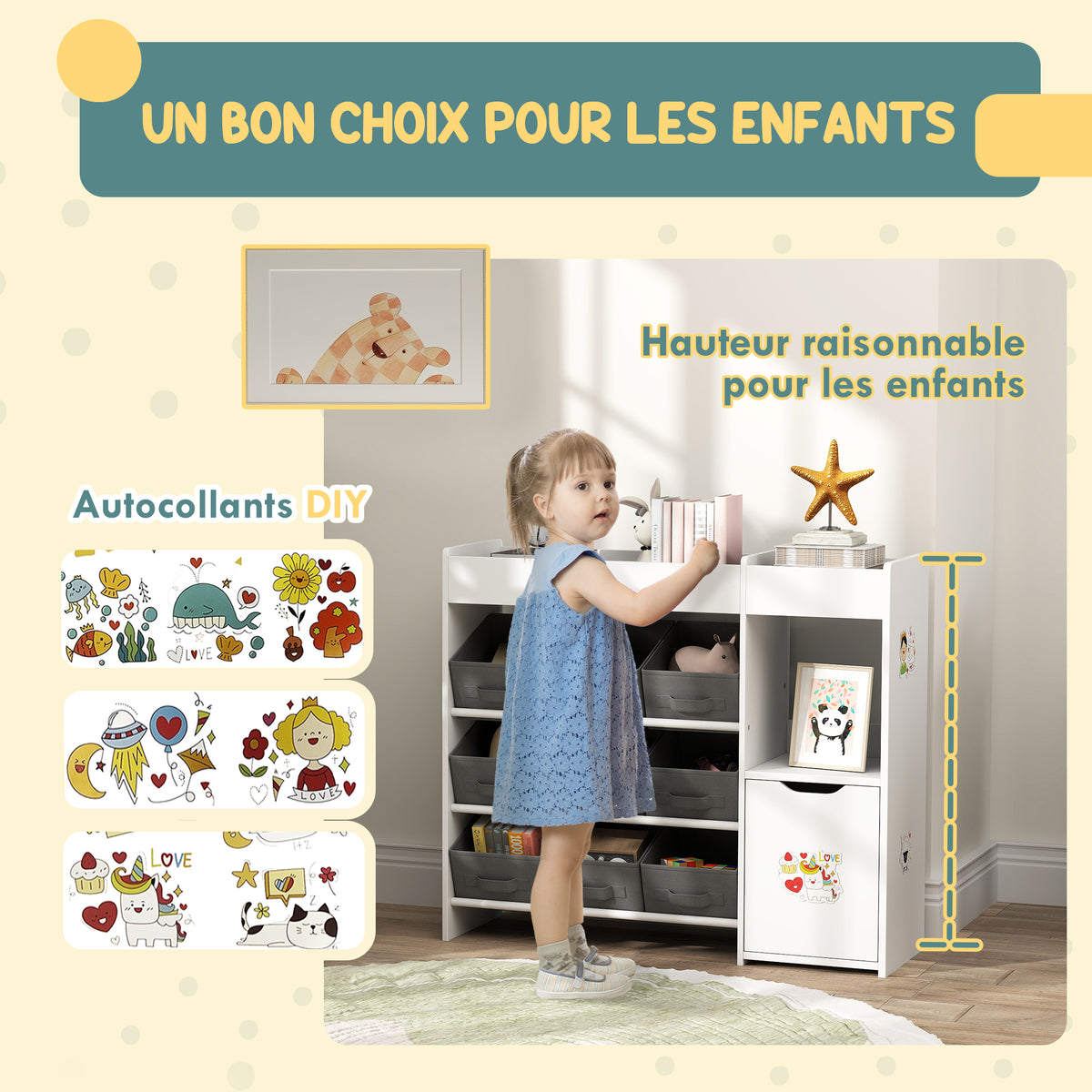 Meuble rangement enfant étagère de rangement pour jouets enfants avec 9 tiroirs en tissu et placard, blanc