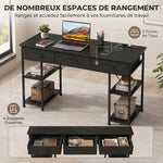 Bureau avec rangement avec prises de courant, 3 tiroirs en tissu et 4 étagères de rangement, 120 x 40 x 76 cm, noir
