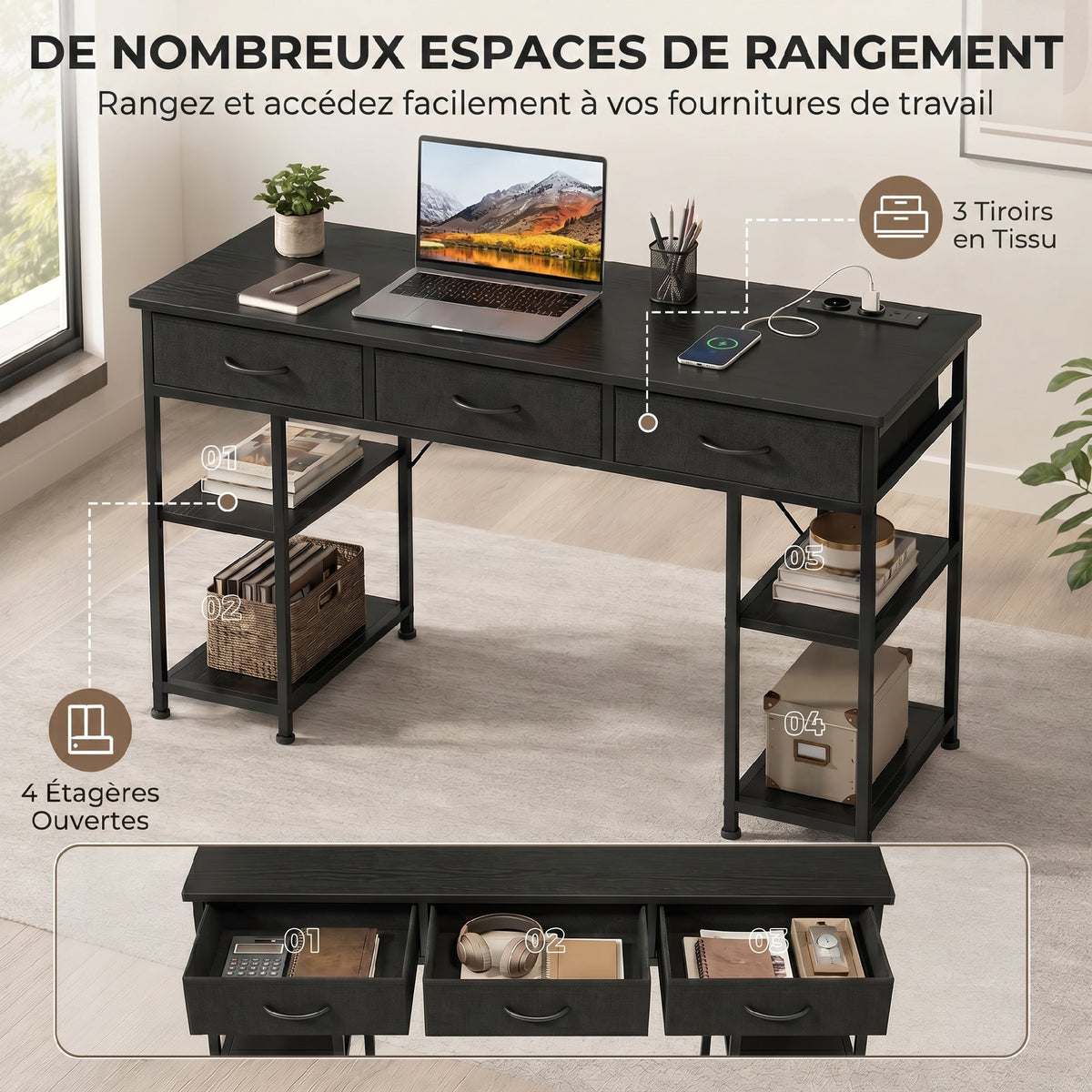 Bureau avec rangement avec prises de courant, 3 tiroirs en tissu et 4 étagères de rangement, 120 x 40 x 76 cm, noir