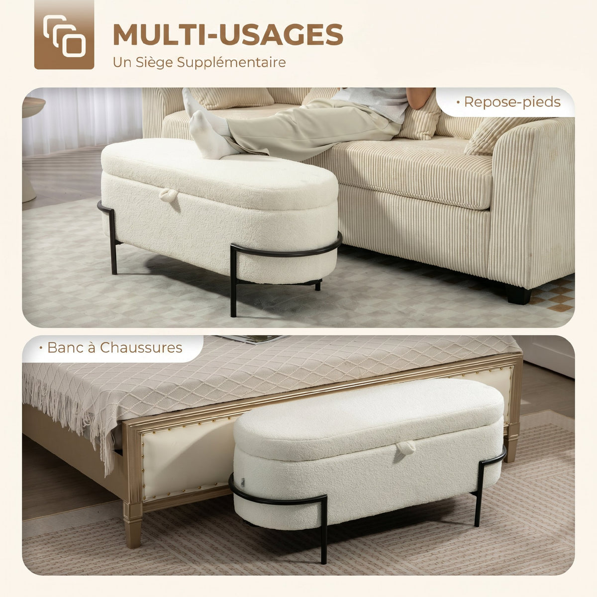 Banc de rangement, banc coffre de rangement en tissu bouclette avec couvercle relevable et pieds en acier, crème