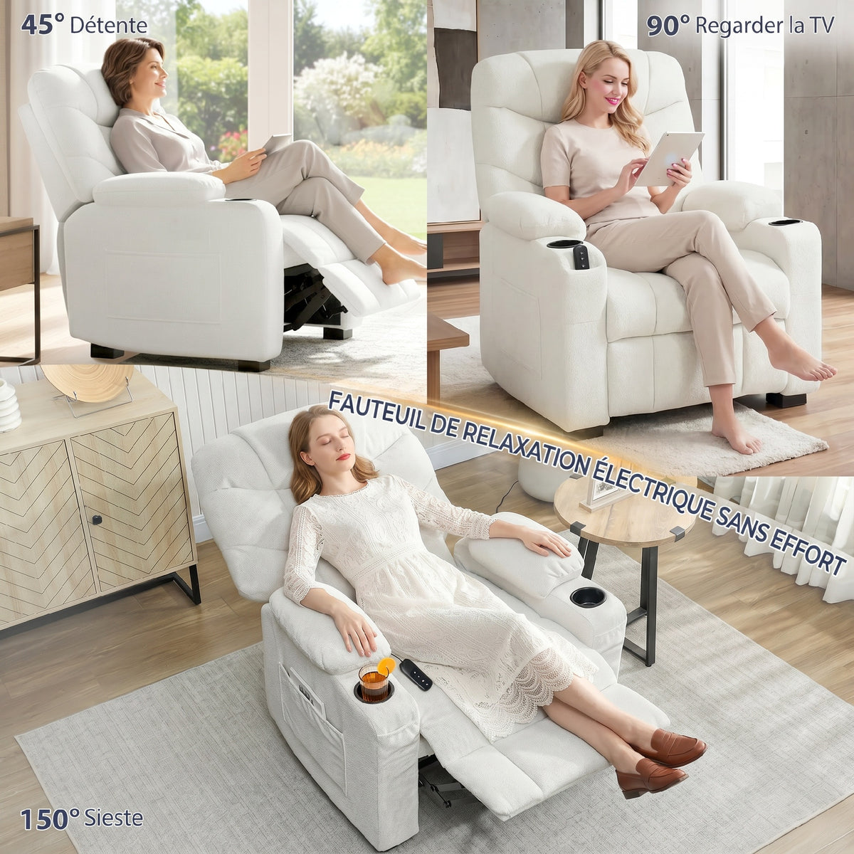 Fauteuil relax électrique, fauteuil inclinable, port USB, repose-pieds, porte-gobelets, 94 x 90 x 105 cm, crème