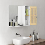 Armoire de salle de bain avec miroir, étagère, porte à lattes en bambou et étagère réglable, blanc