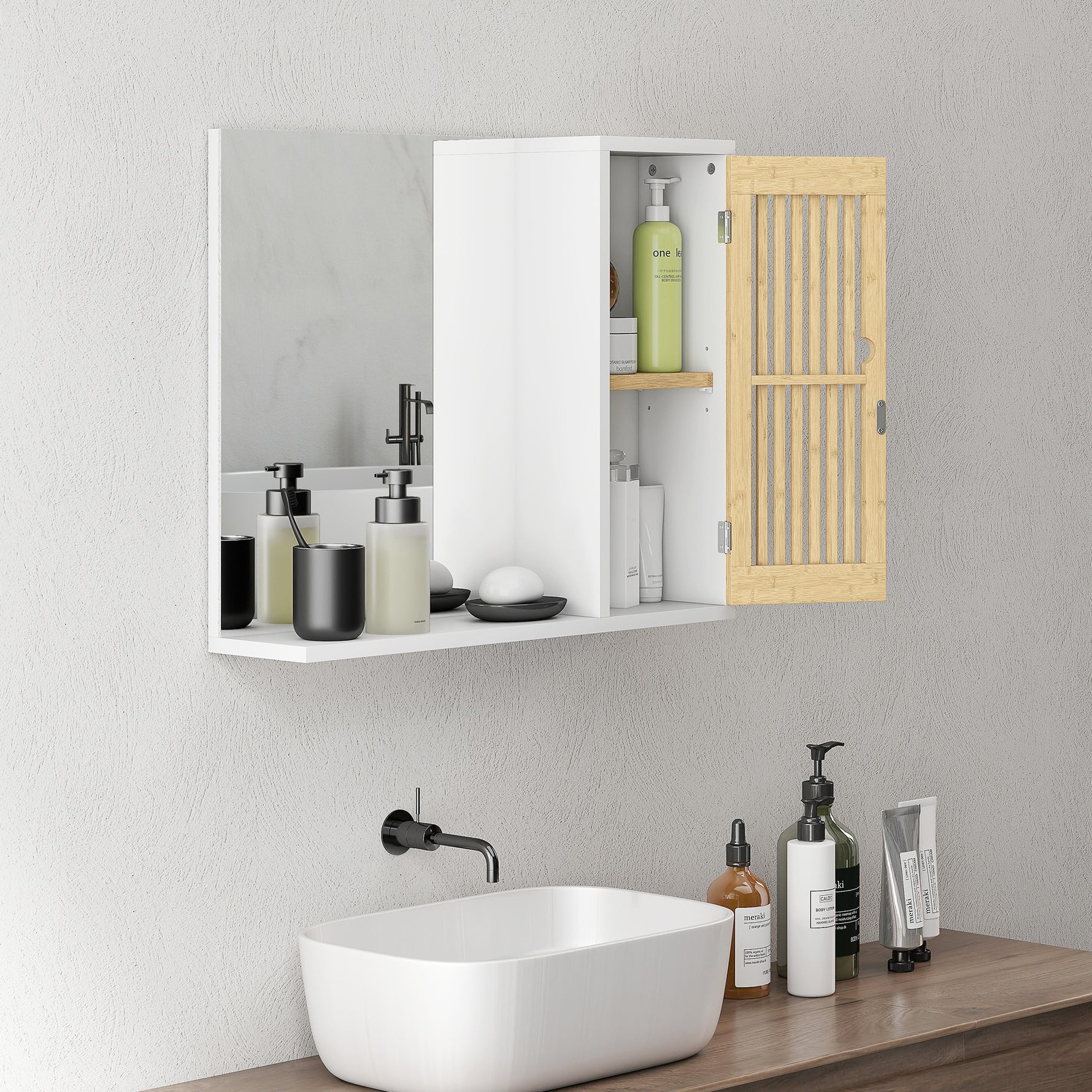 Armoire de salle de bain avec miroir, étagère, porte à lattes en bambou et étagère réglable, blanc