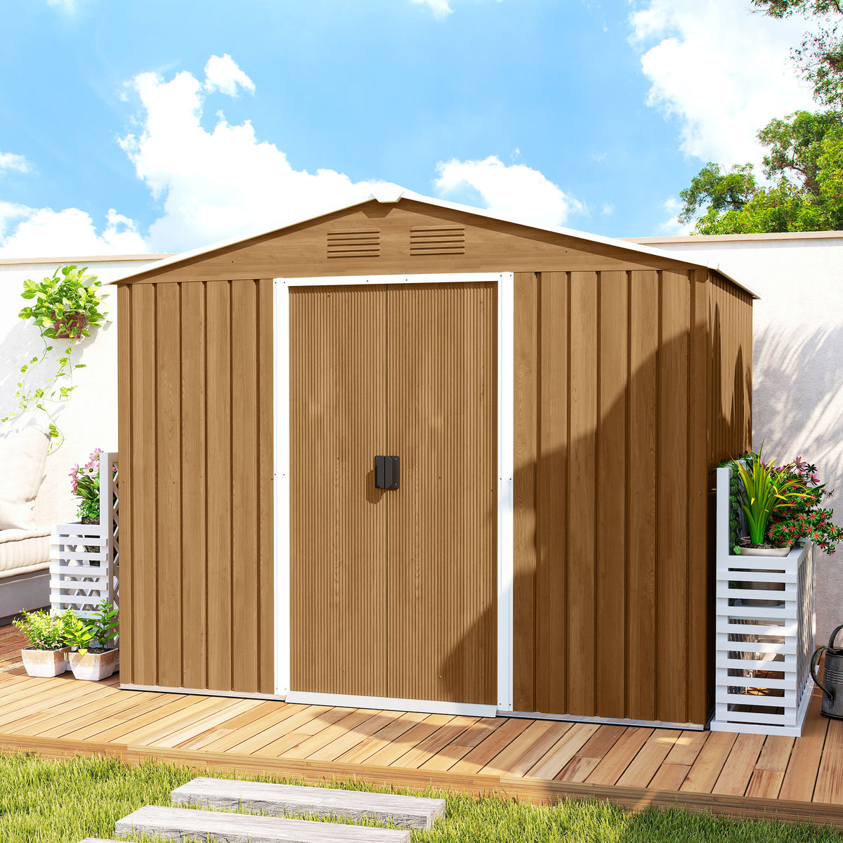 Stalen tuinhuis 3,6 m² schuin dak 4 ventilatieopeningen afsluitbare schuifdeuren 236x171x191 cm, donkerbruin