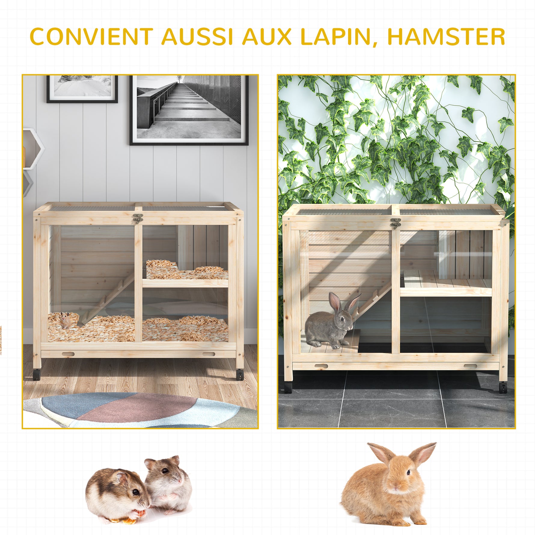 Cage à lapin clapier sur roulettes petit enclos animaux en bois massif 2 étages toit ouvrant plates-formes 91,5 x 53,3 x 73 cm bois naturel
