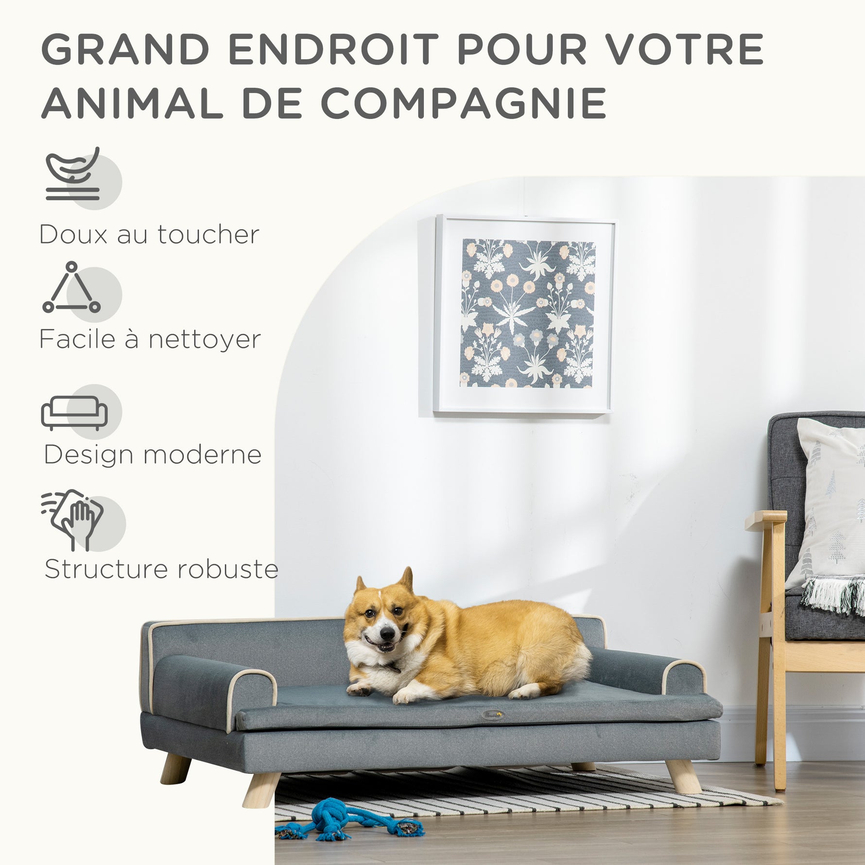 Canapé pour chien chat design scandinave coussin moelleux amovible pieds bois massif 100 x 62 x 32 cm gris