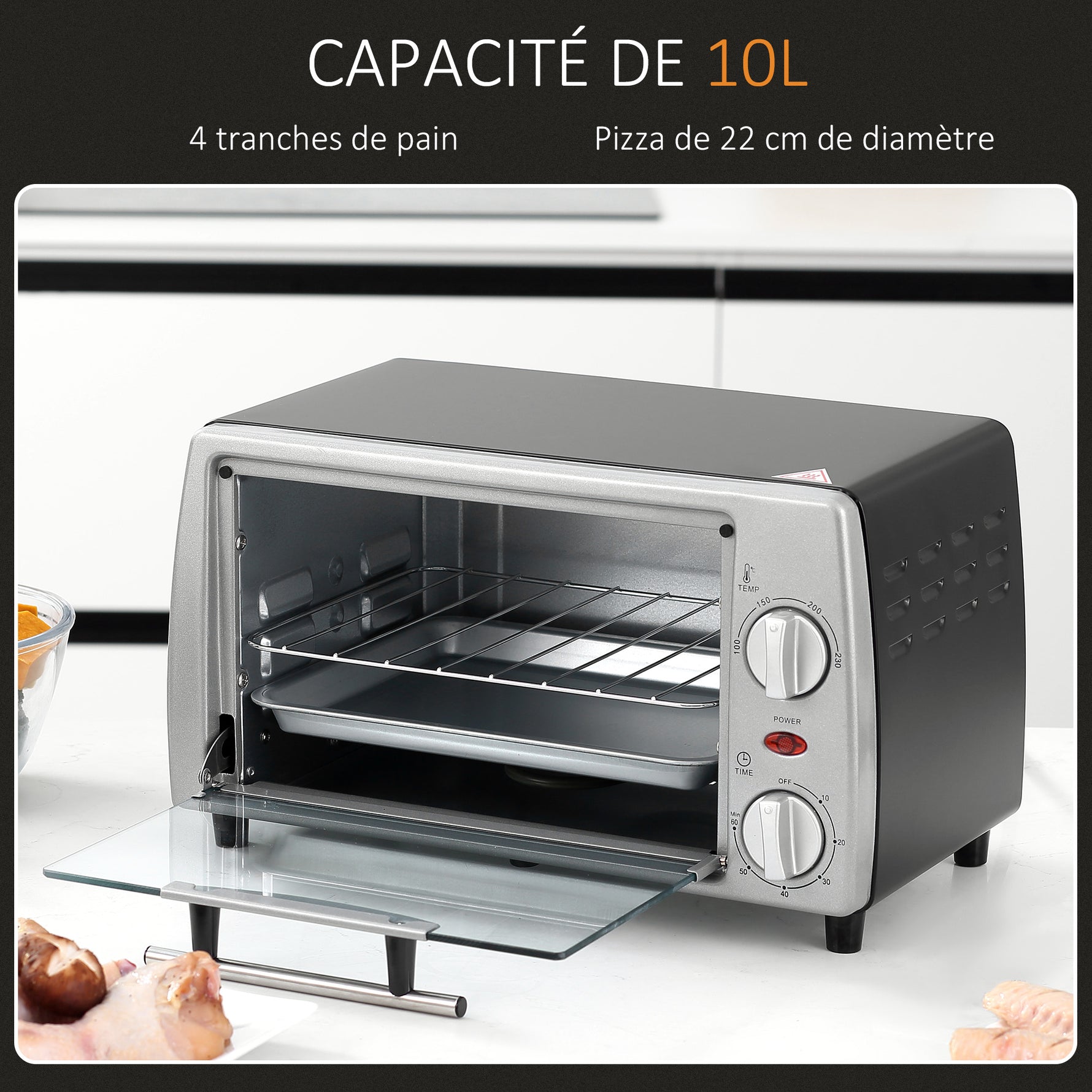 Mini four électrique 10L 1 grille et 1 plateau, température réglable de 100°C à 230°C, Minuteur 60 min, 36,5x26x22 cm