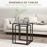 Lot de 2 tables basse gigogne, tables d'appoint empilable, plateau verre trempé cadre acier, patins antidérapants, noir