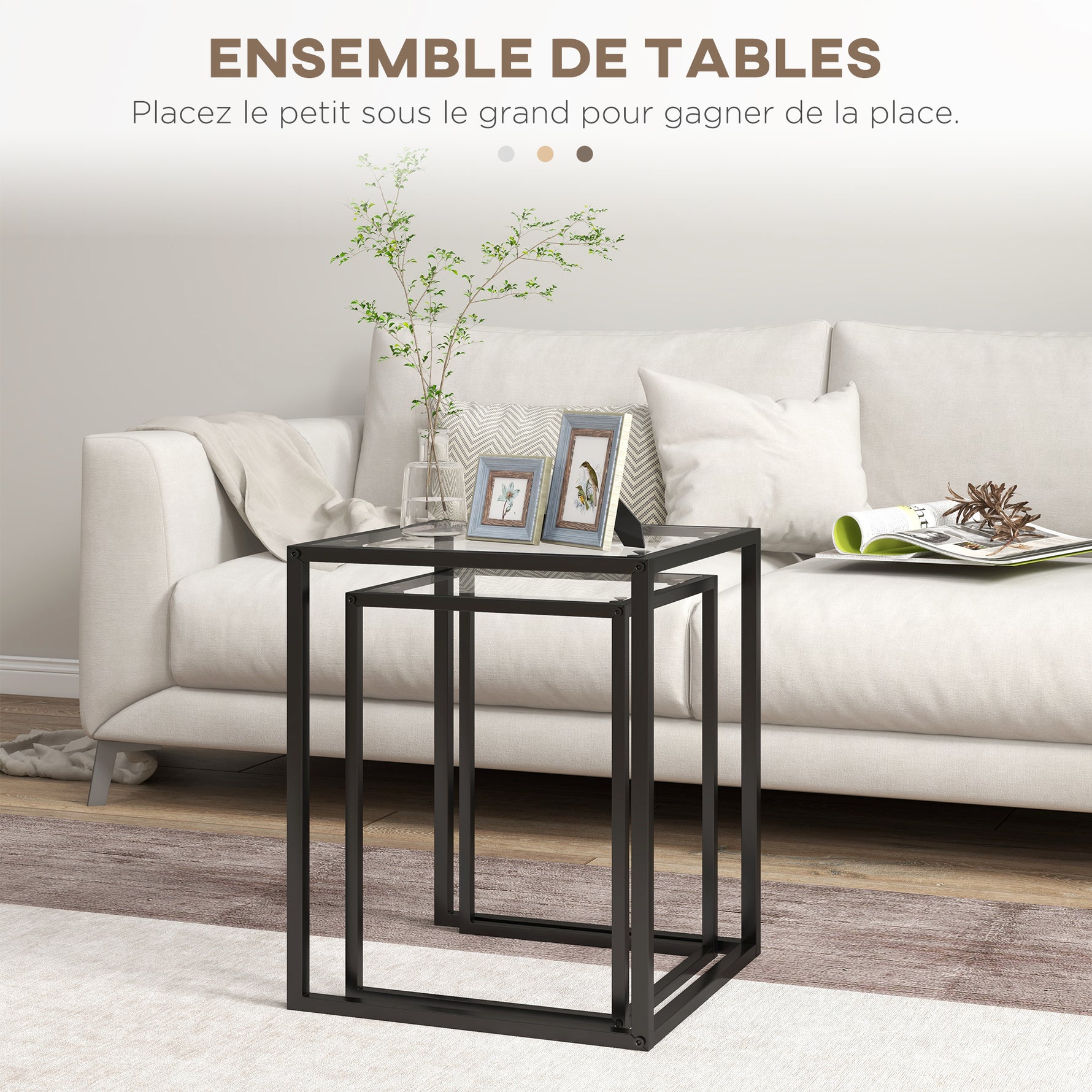 Lot de 2 tables basse gigogne, tables d'appoint empilable, plateau verre trempé cadre acier, patins antidérapants, noir