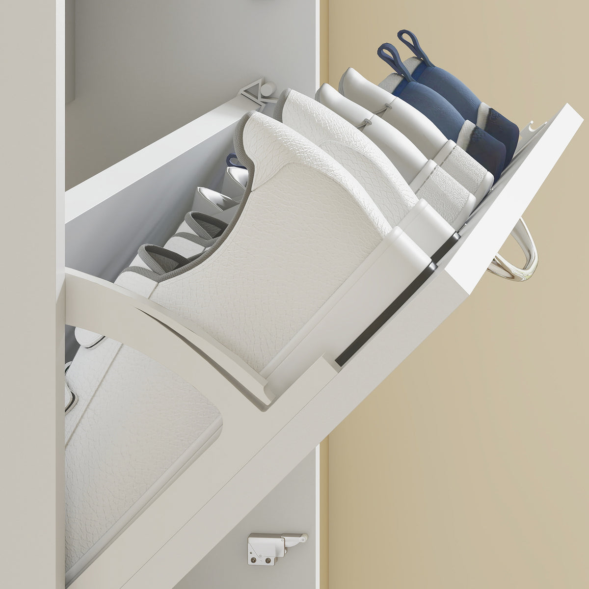 Meuble à chaussures 15 paires, armoire à chaussures étroite moderne avec 5 tiroirs rabattables, 65 x 17 x 180,5 cm blanc