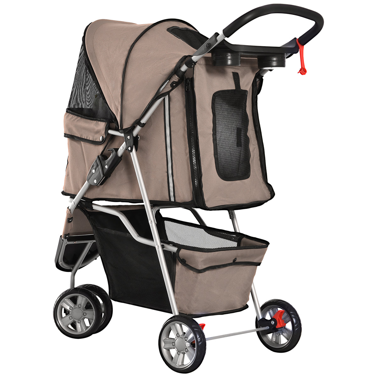 Poussette Buggy Pliable Animaux, Chariot Pliant Chien Chat, Porte-Gobelet Panier de Rangement Inclus, Roues avec Frein, Tissu 600D Oxford Acier, 75 x 45 x 97 cm Marron