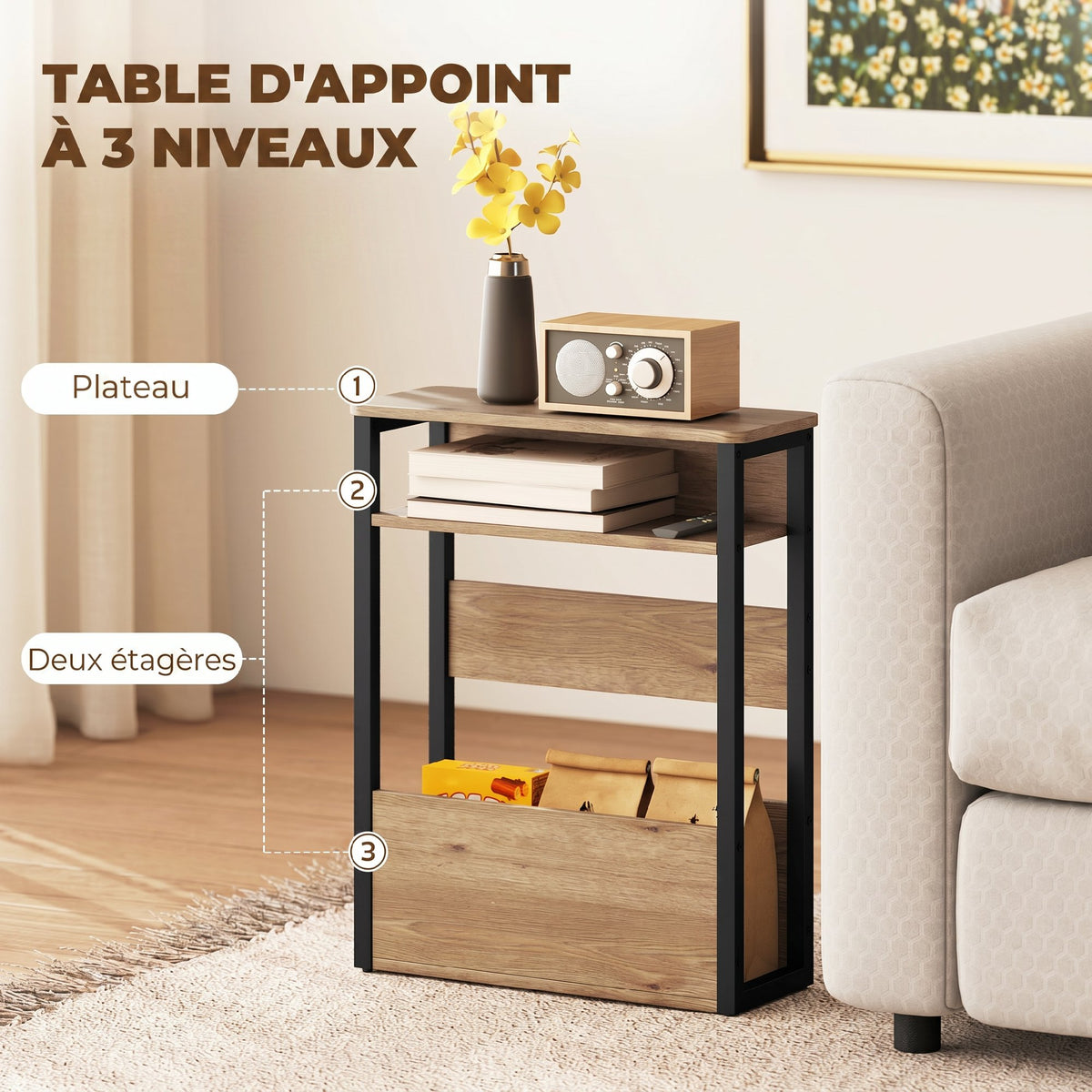 Table d'appoint table de chevet avec étagère à deux niveaux coins arrondis 46l x 18P x 58,5H cm noyer