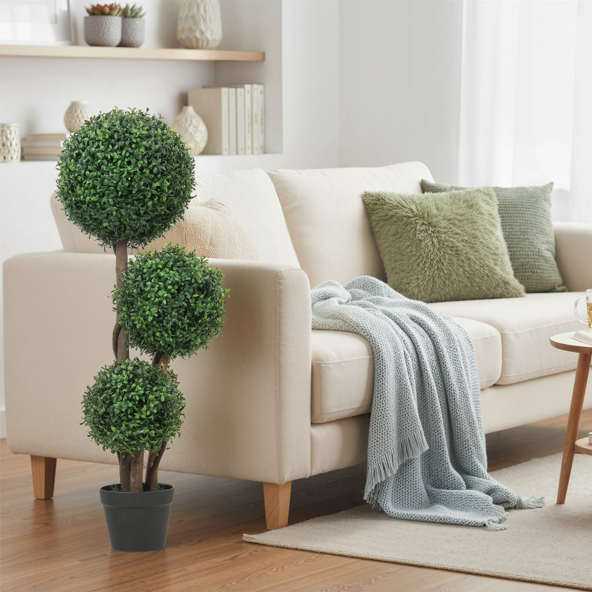 Plante Artificielle 100 cm, 3 Boules de Buis, Pot, Facile à Nettoyer, Arbre Artificiel Intérieur Extérieur, Vert